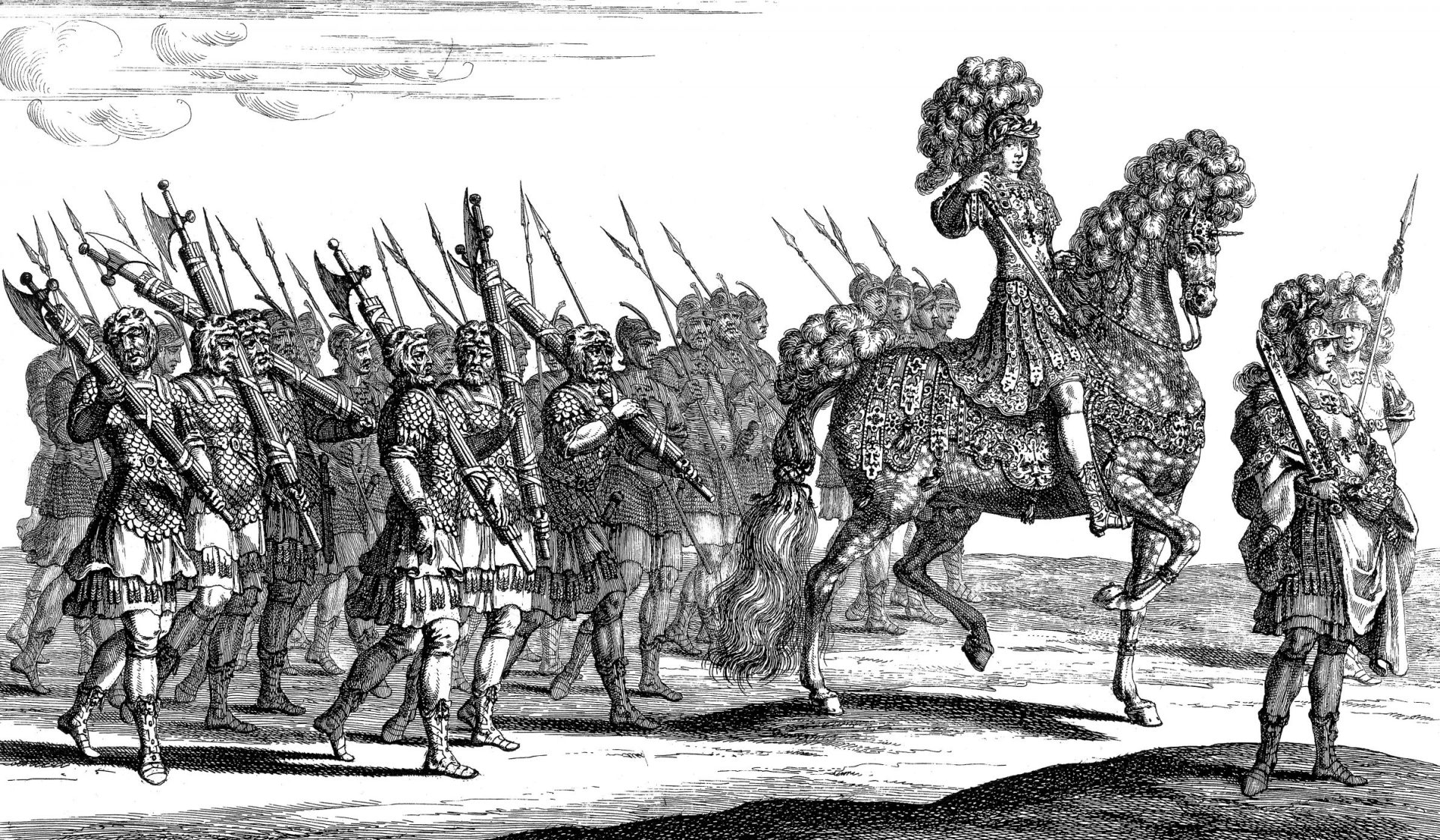 Gravyr av riddare till häst med en trupp soldater i följe.