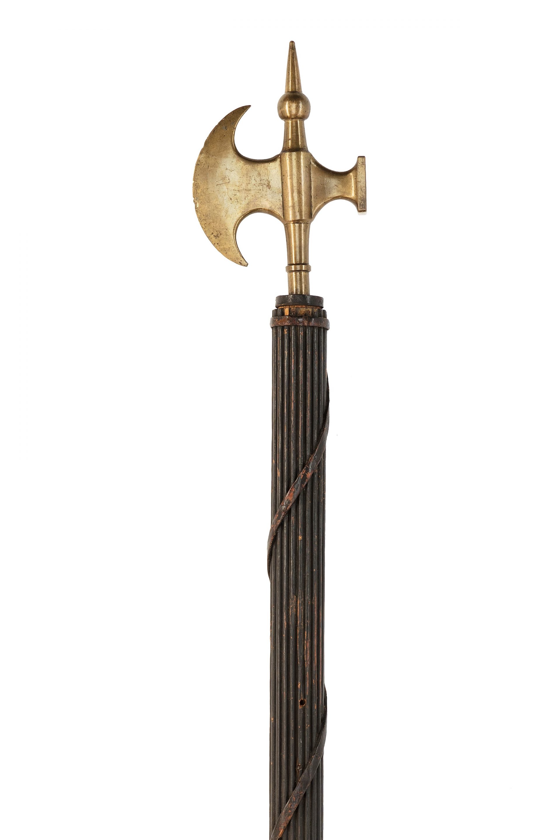 A pole arm of wood and brass.