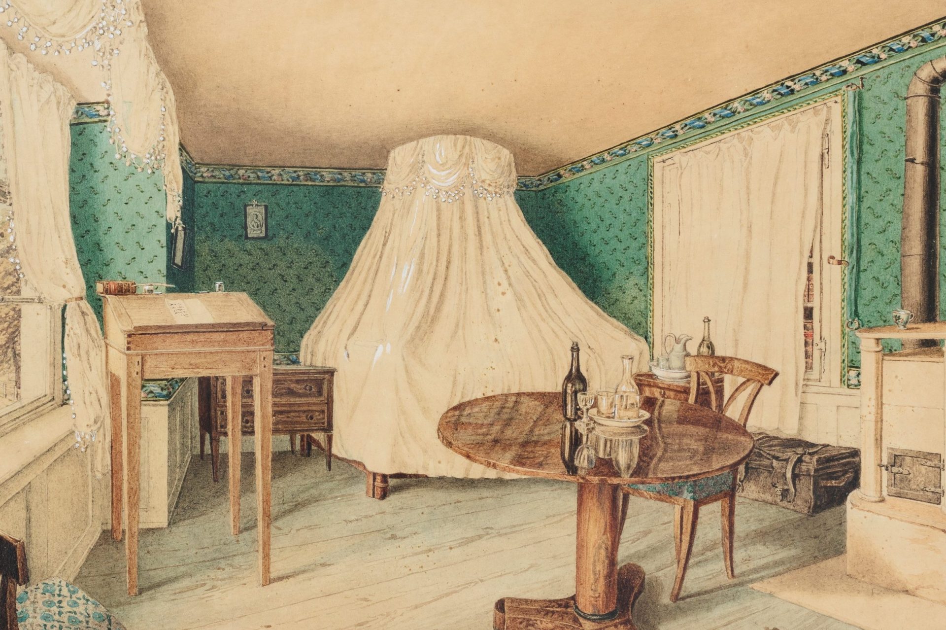 Akvarell av ett litet rum med gröna tapeter, säng bord, skrivbord bland annat.