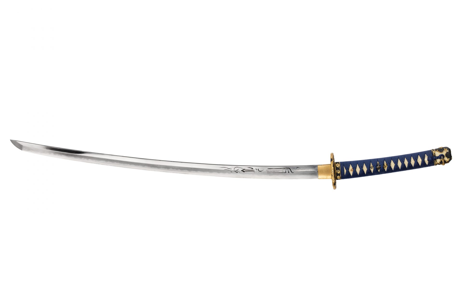 A long sword with a blue handle.