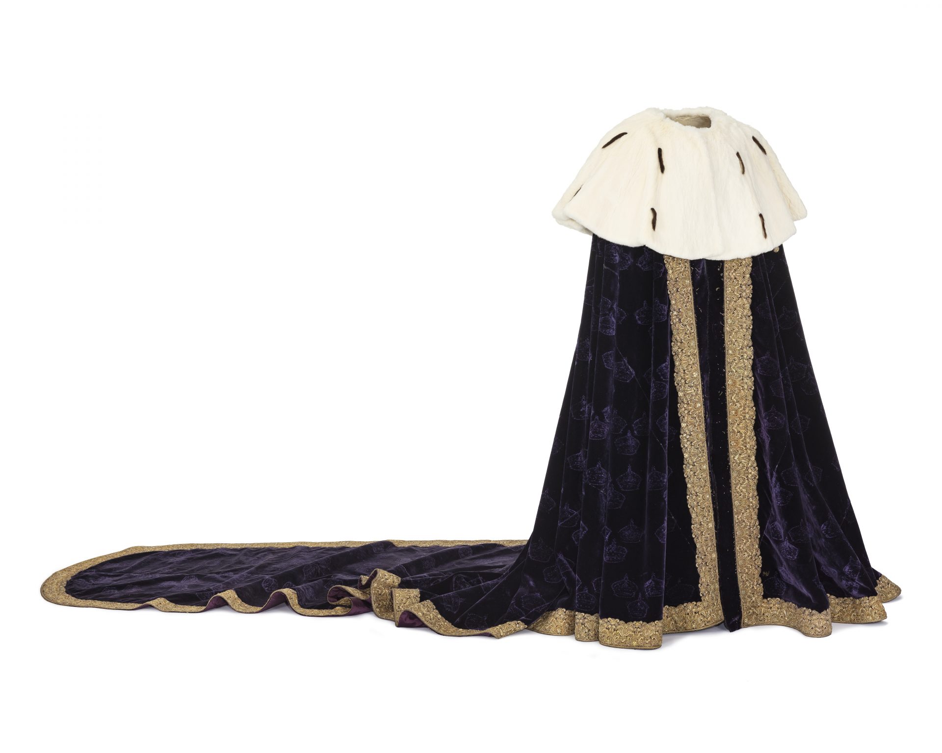 A purple coronation robe with gold trimmings.