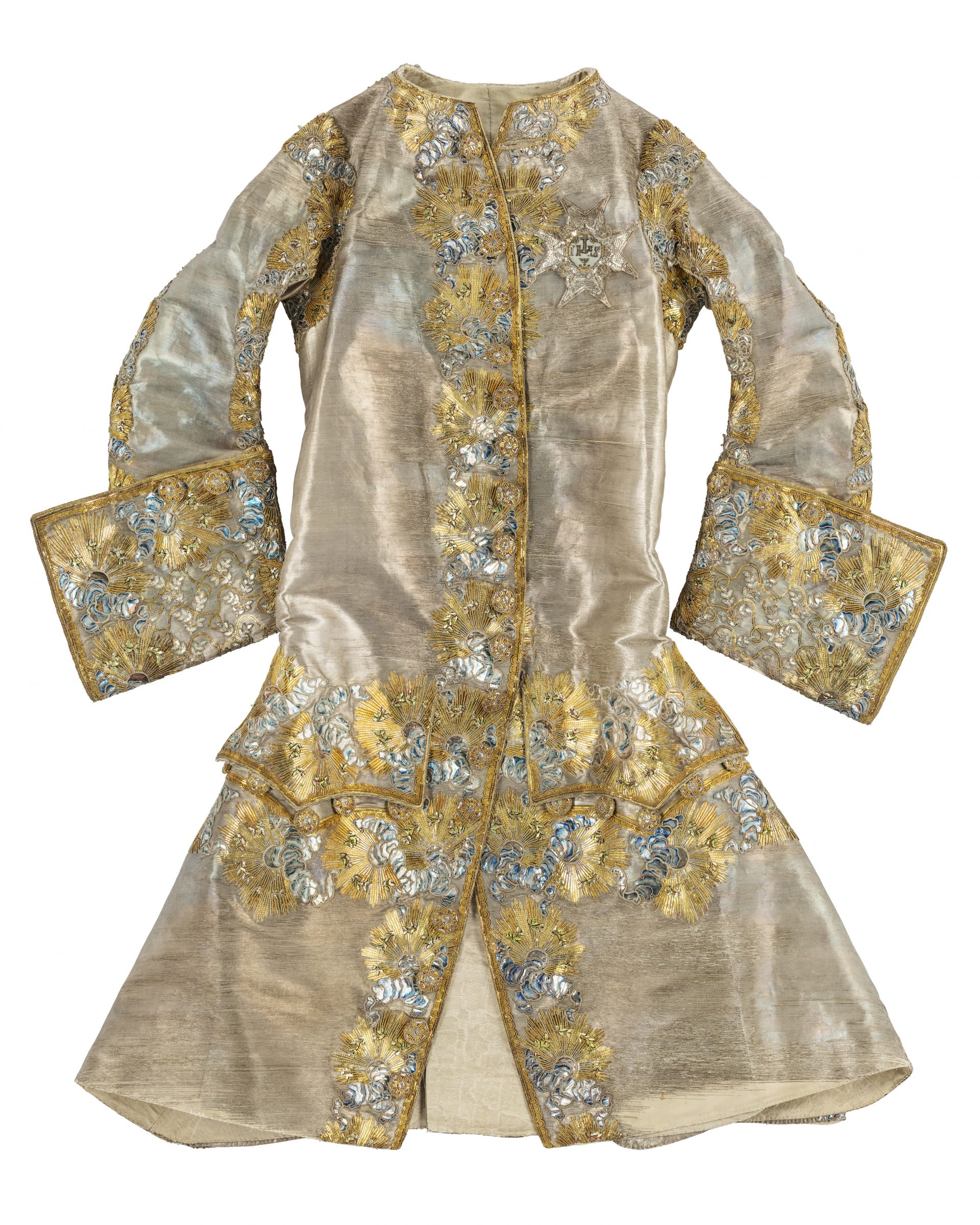 A silver justaucorps with lavish embroidery in silver and gold.