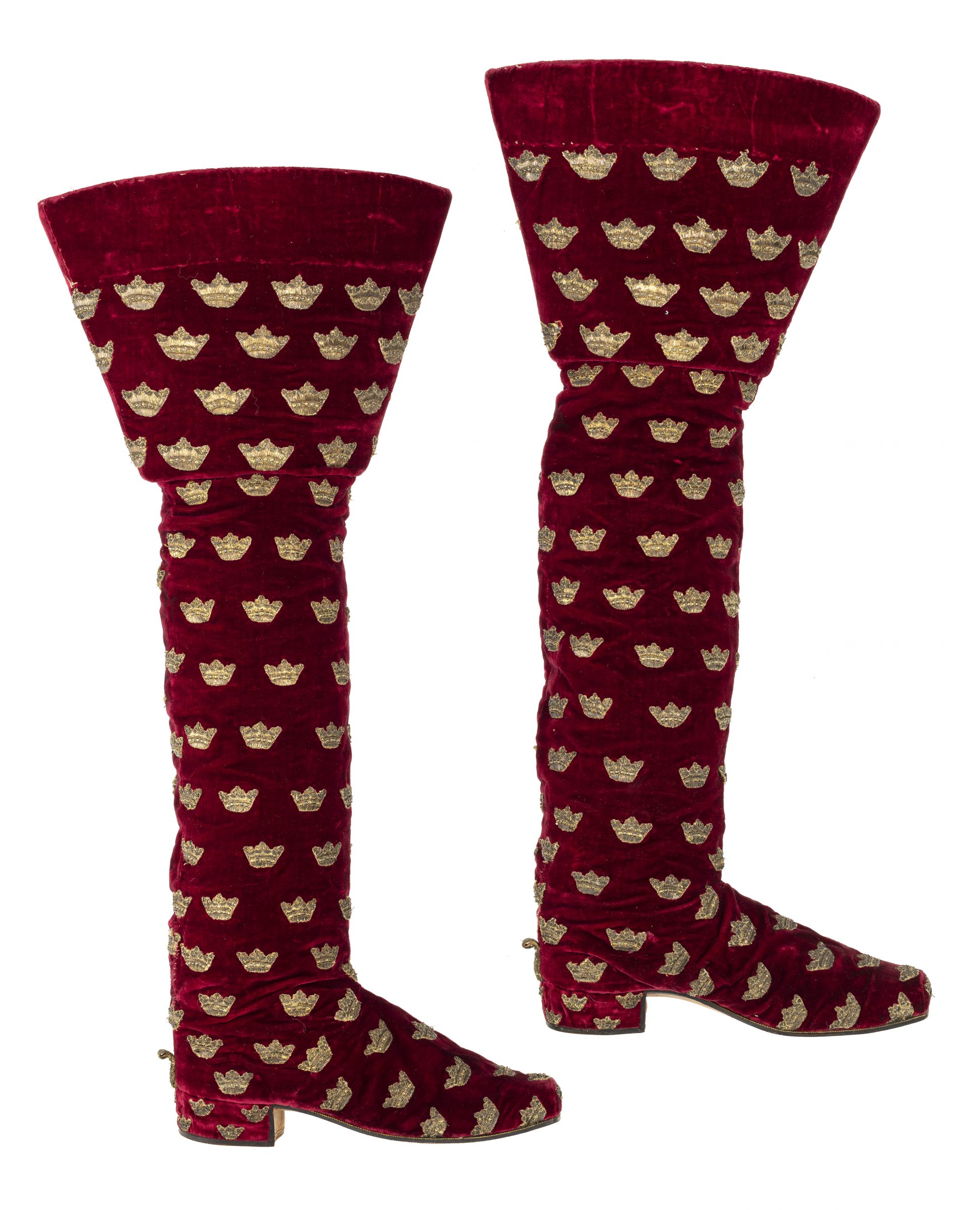 High red velvet boots with embroidered gold crowns.