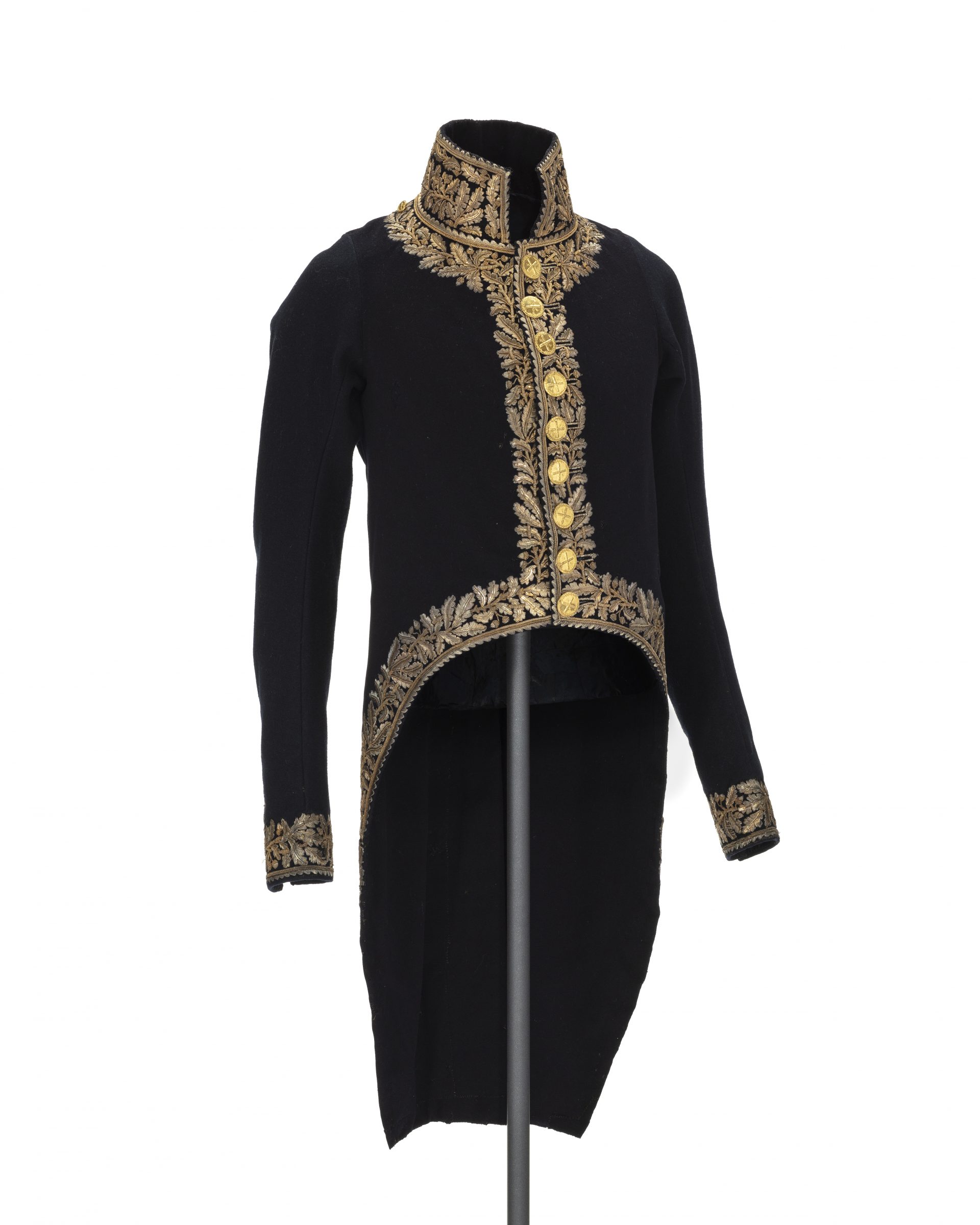 A black tailcoat with gold embroidery.