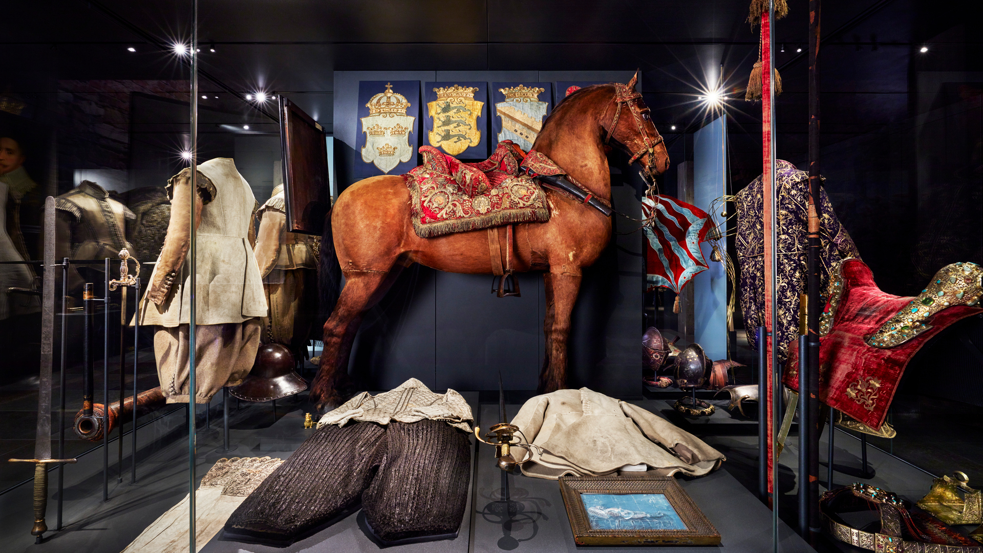 A large show case with a stuffed horse in the middle.