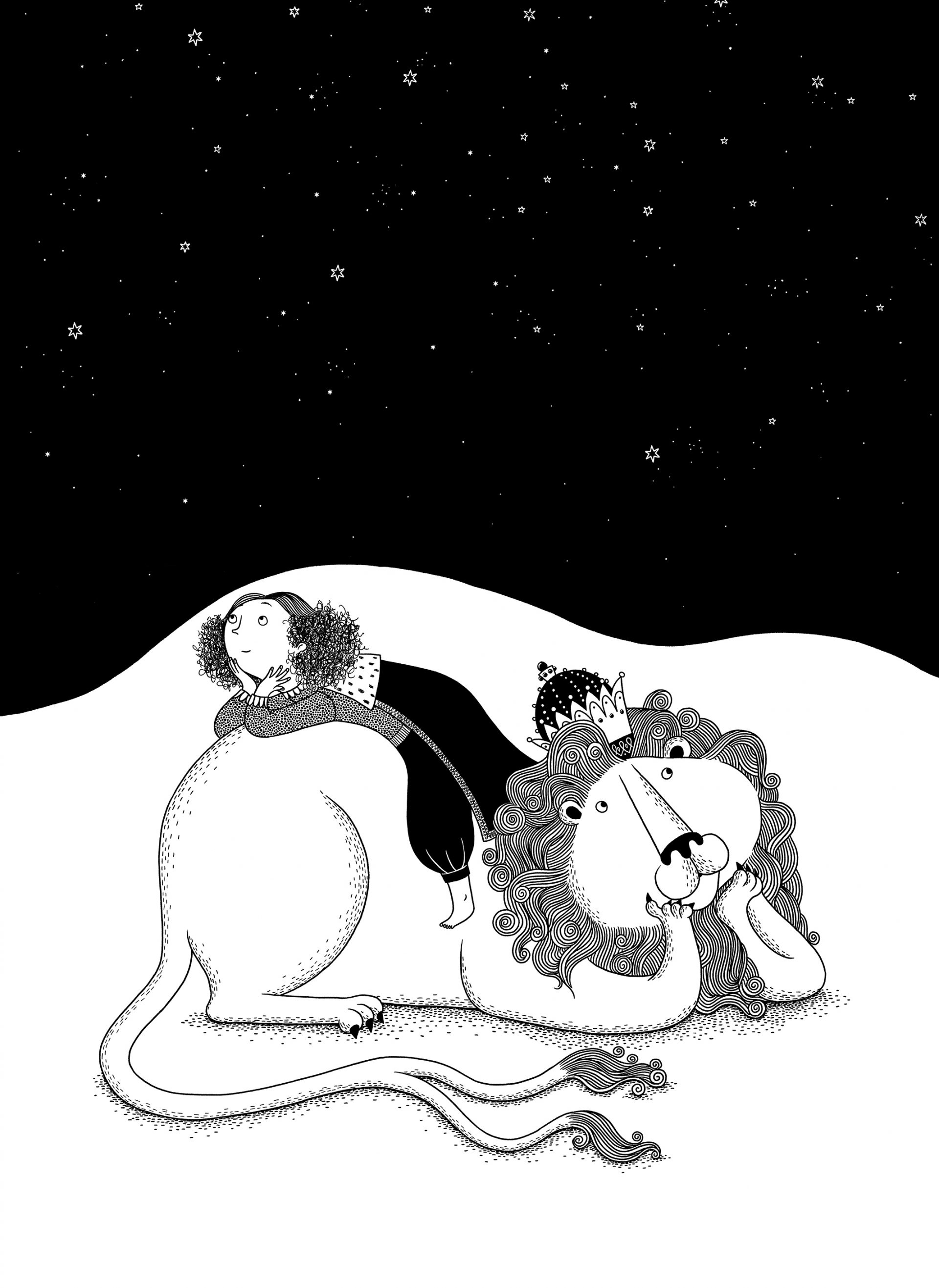 Illustration i svart och vitt med en flicka som ligger på en lejon och kollar upp mot stjärnhimmelen