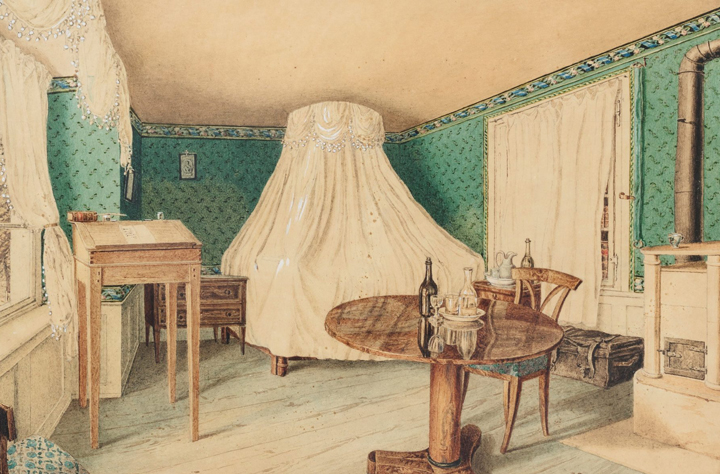 Akvarell på ett rum med en säng och bord.