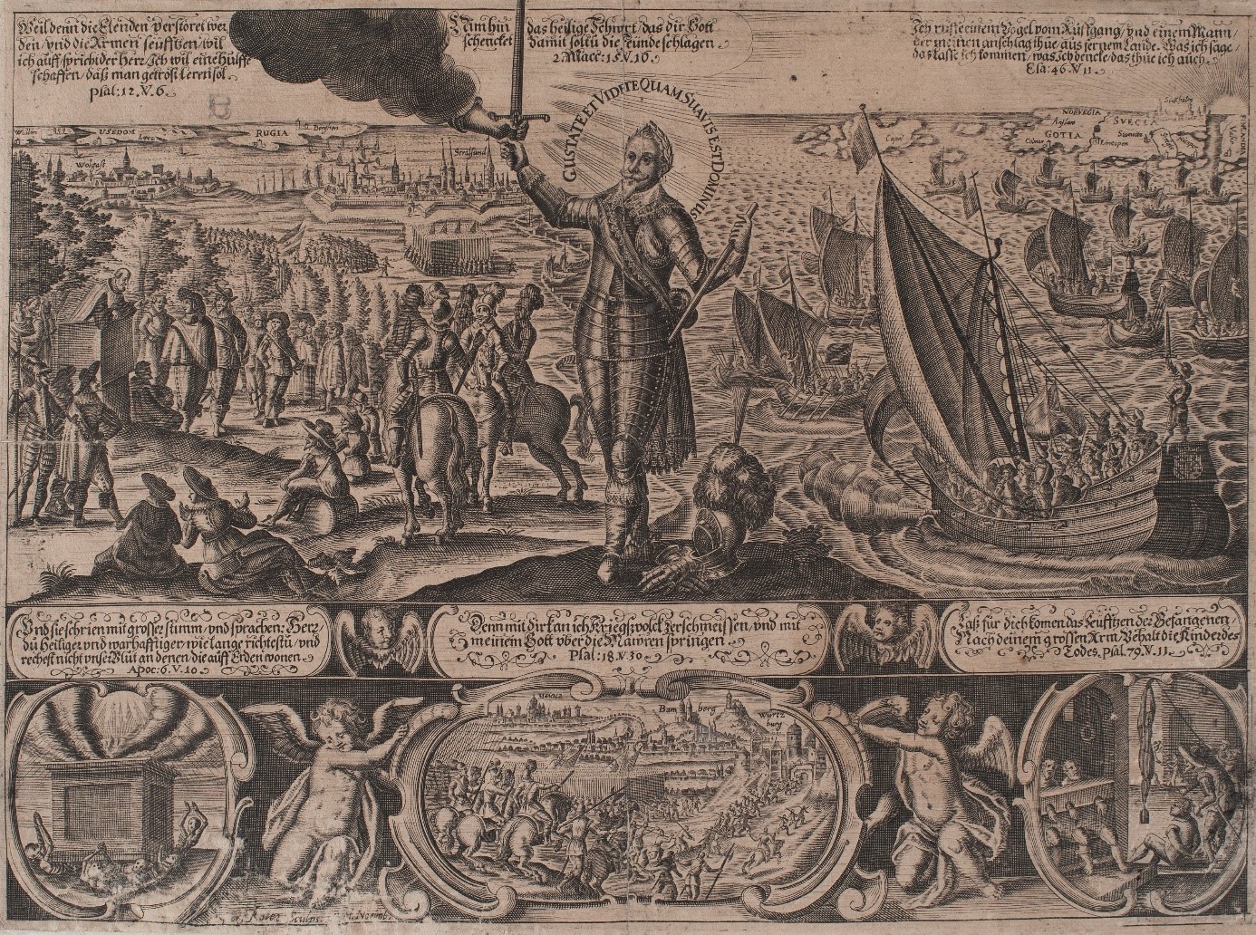 I mitten Gustav II Adolf som tar emot ett svärd som sträcks mot honom från ett moln. I bakgrunden fartyg med soldater, trupper till häst. Till vänster ser man Stralsund och Usedom och till vänster ligger danska öar, samt Sveriges kustlinje.