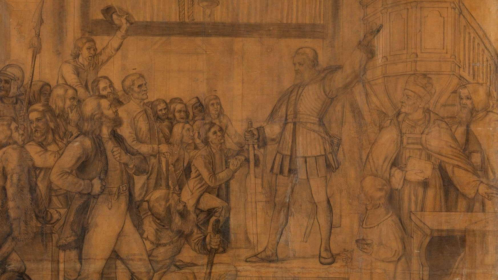 Ritning på Gustav Vasa som talar framför en folkmassa.