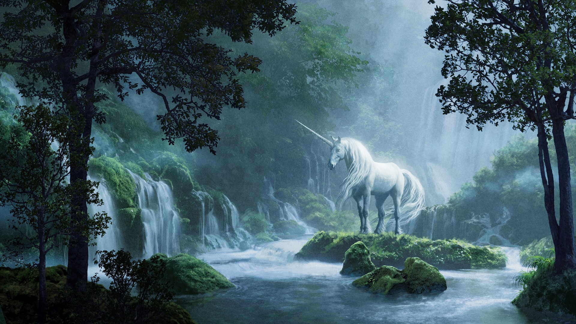 Enhörning som står i en skog vi ett vattenfall. Texten "Enhörningar, En familjeutställning" visas i slutet av videon tillsammans med en regnbåge.