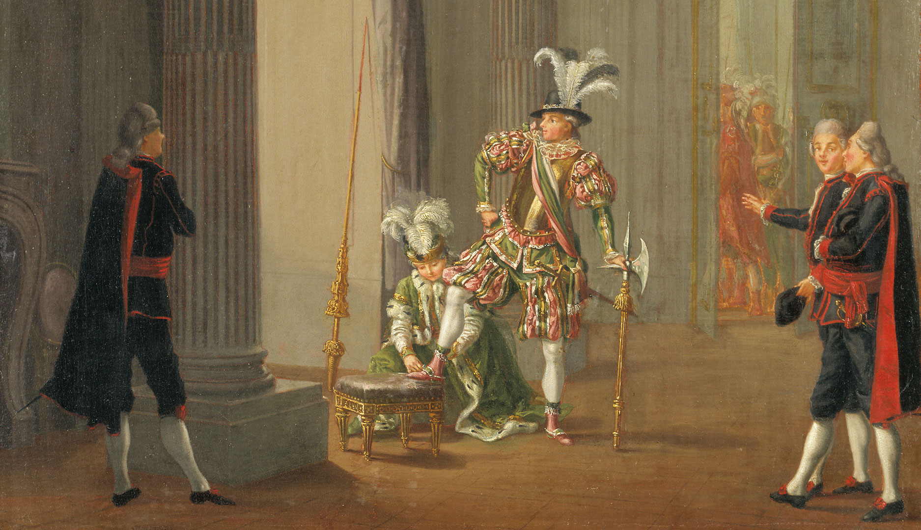 Målning av Gustav III i slottsmiljö utklädd till riddare. 
