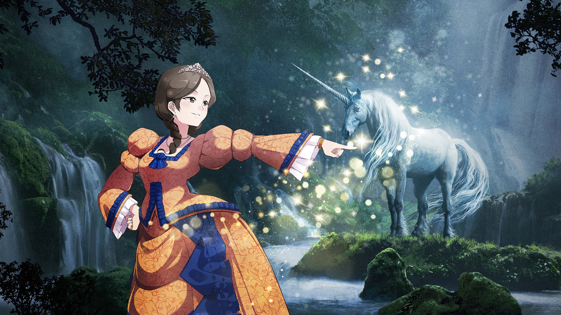 En mangaprinssesa tillsammans med en glimrande enhörning.