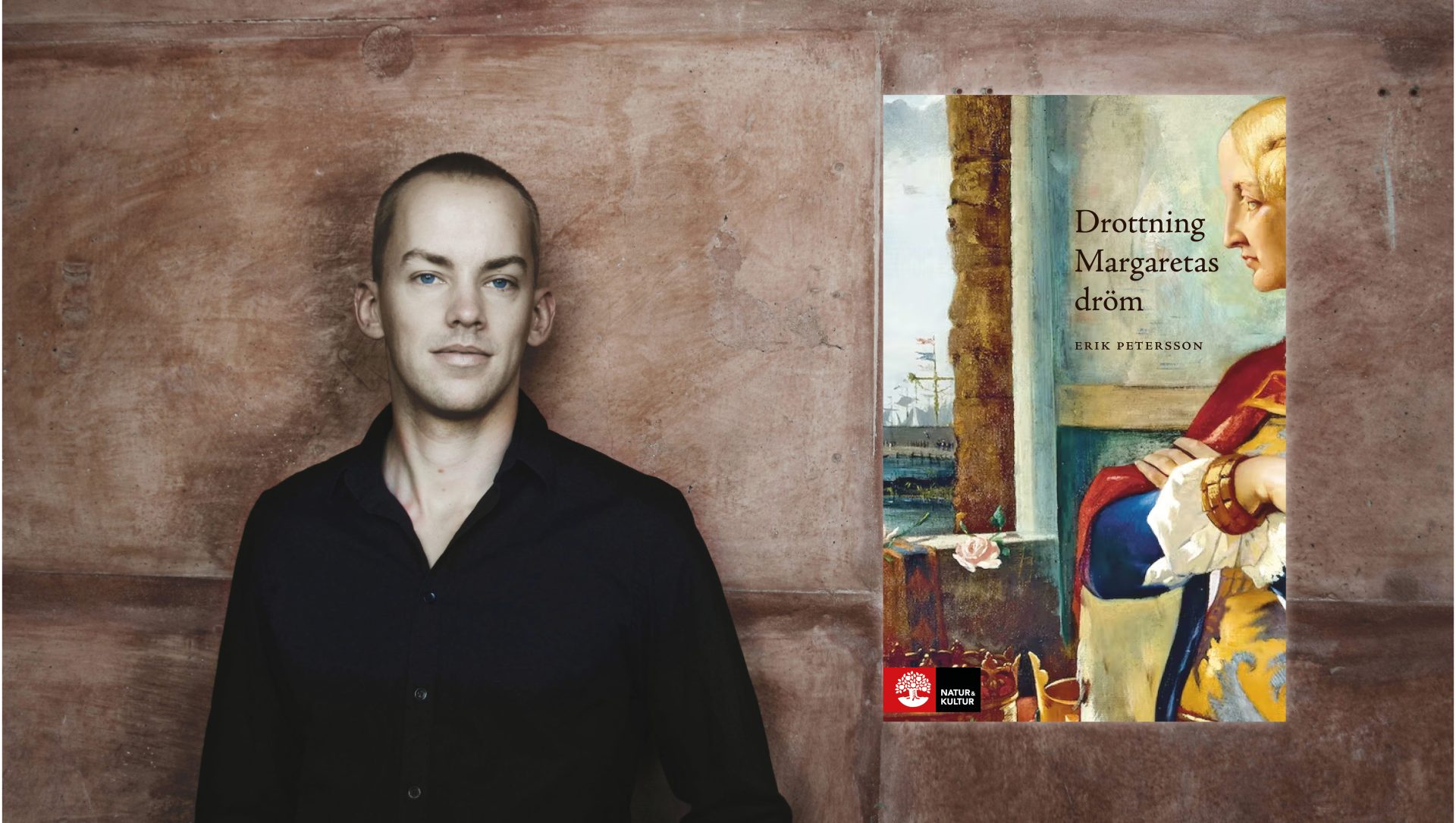 Ett kollage med ett porträtt på författaren Erik Petersson tillsammans med en bild på boken Drottning Margaretas dröm.