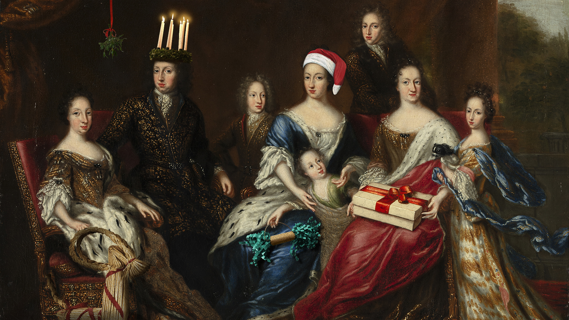 Montage på kung Karl XI med familj där juliga föremål lagts till i bilden. Som en luciakrona och tomteluva.