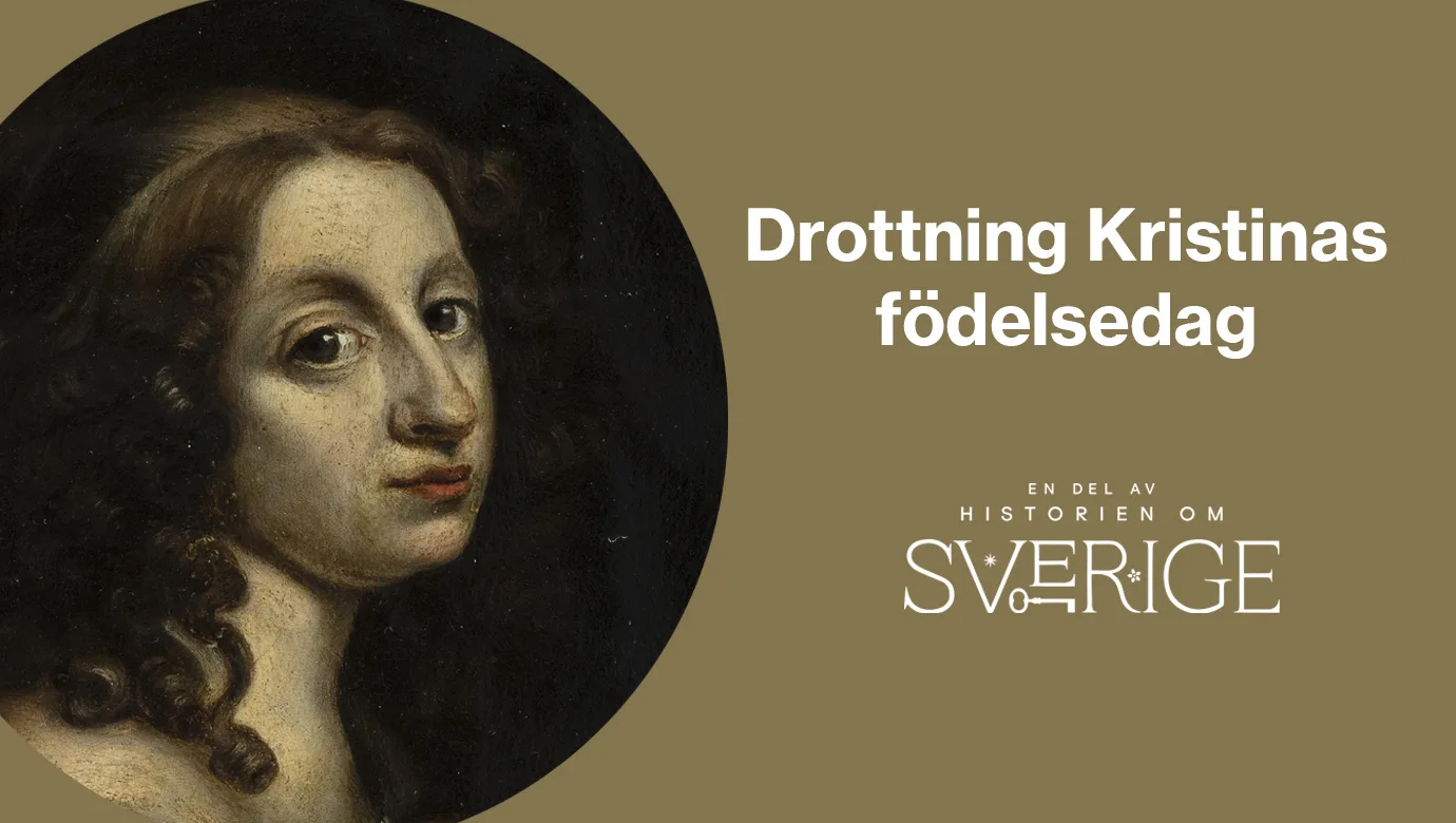 Porträtt av Drottning Kristina tillsammans med logotypen "En del av Historien om Sverige"