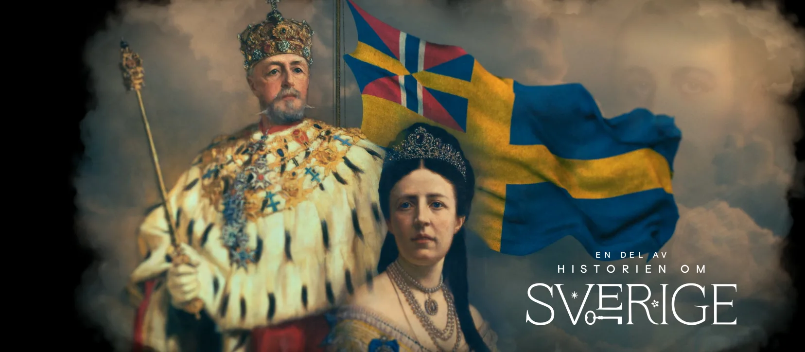 Oscar den andre och Sofia av Nassau med den svenska flaggan i bakgrunden.