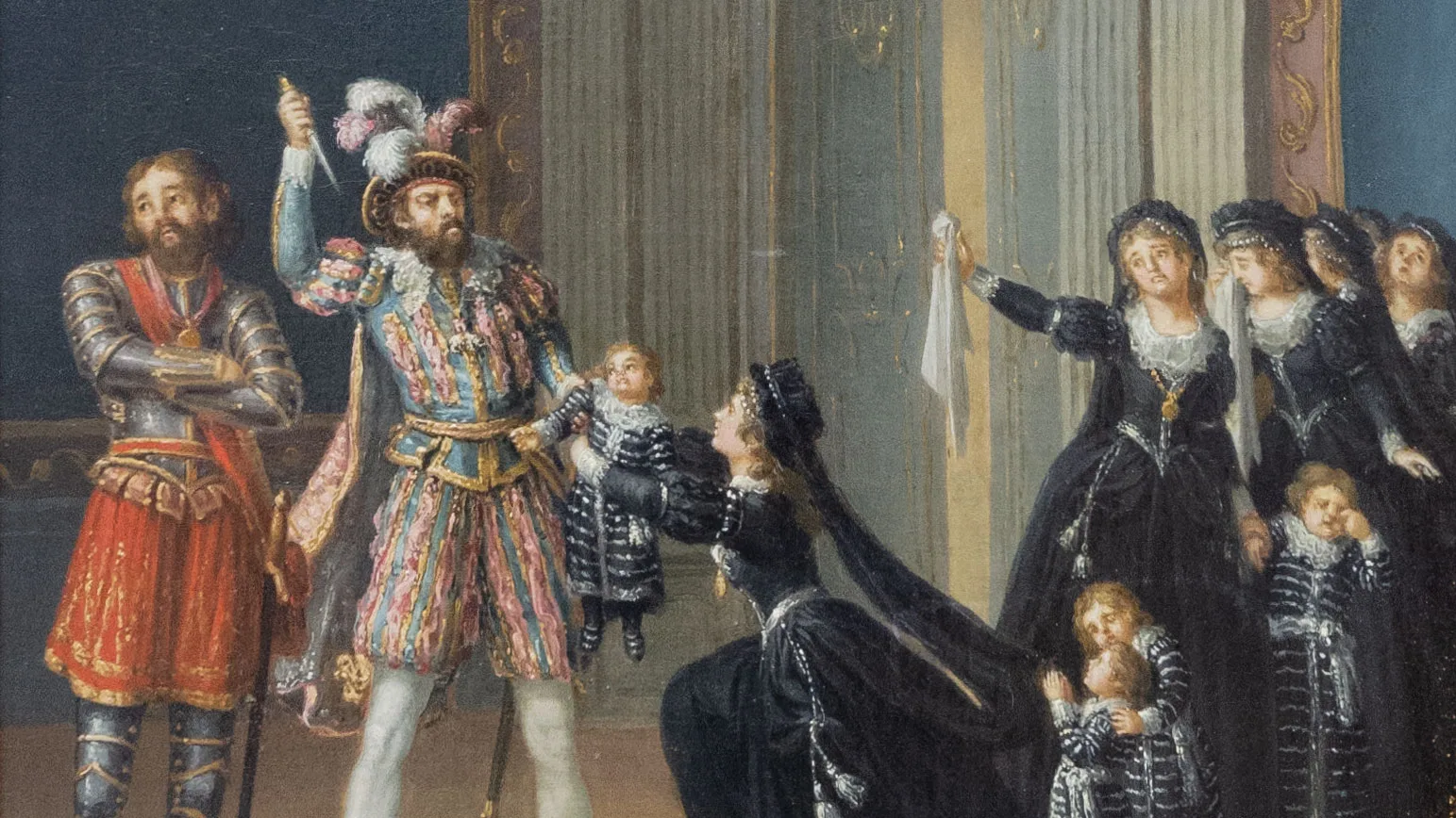 En målad bild från ett av Gustaf den tredjes dramer med fler kvinnor som står med barn och en man står med kniv riktad mot ett barn.