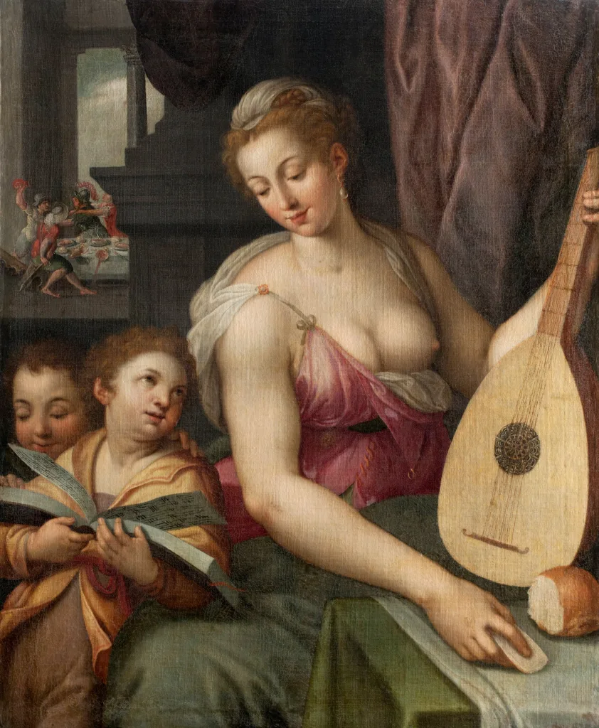 A woman with a musical instrument and children