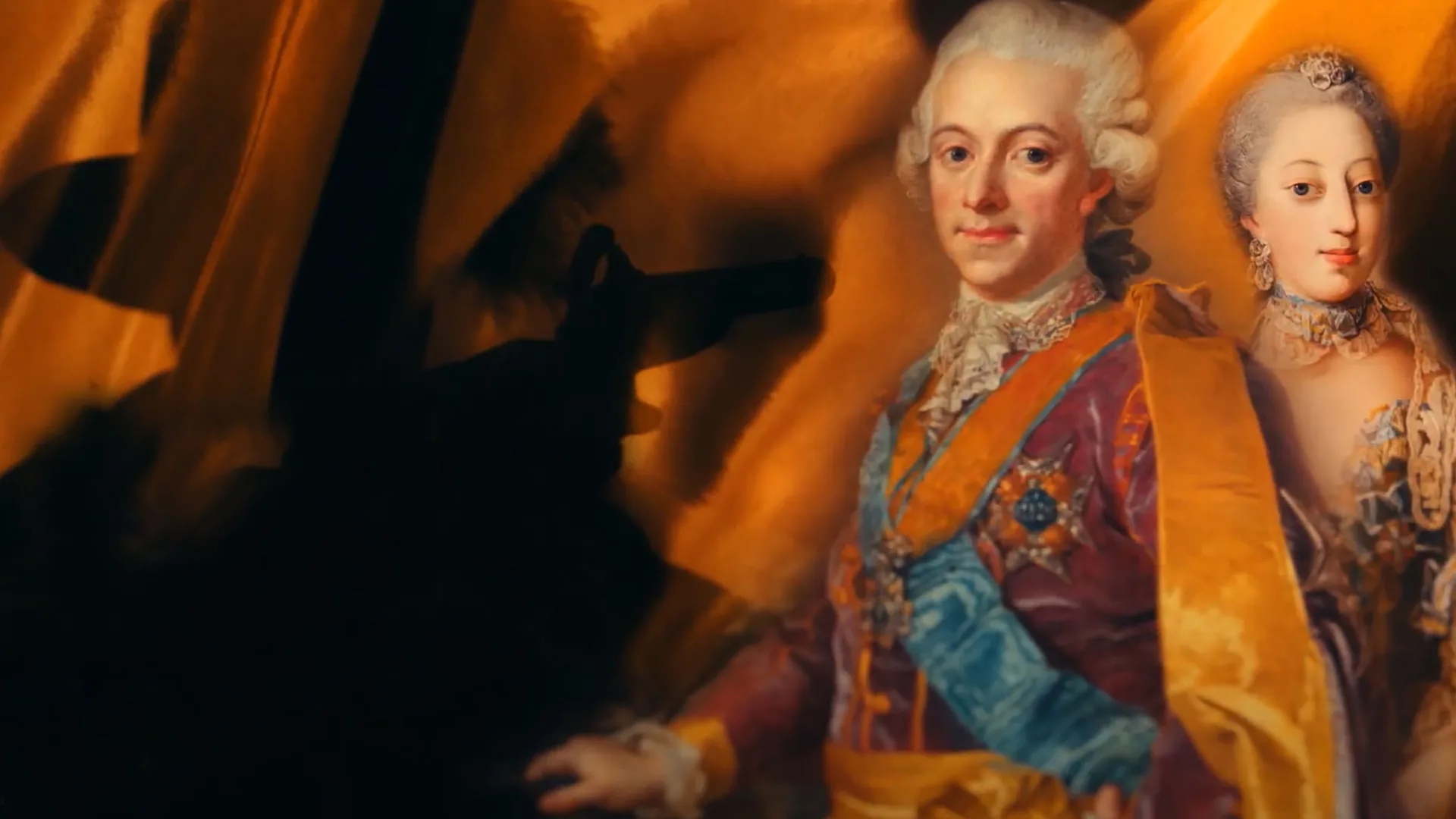 Kollage med kung Gustav III, en dam och en skugga