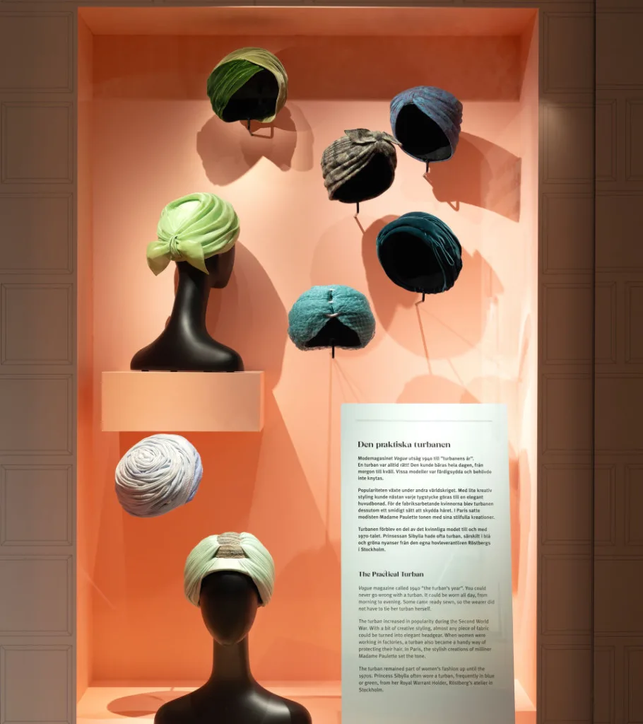 Display case with hats on exhibit.