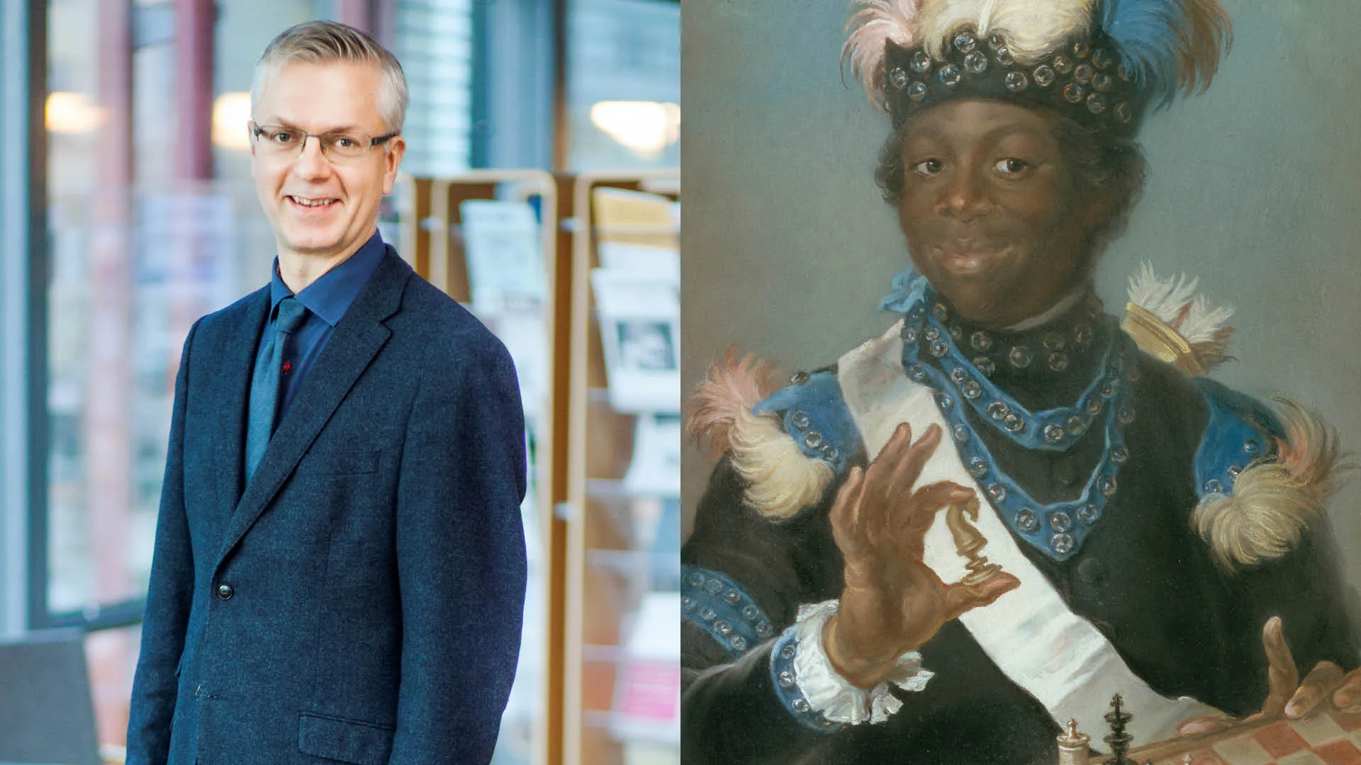 Montage, porträtt Mats Hayen intill tavla på Badin.
